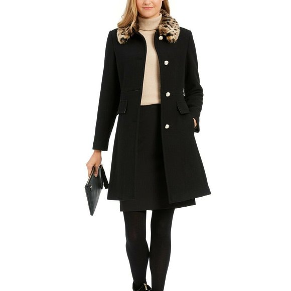 Nwt Kate Spade Wool Leopard Fur Black Coat Pearl Buttons XL